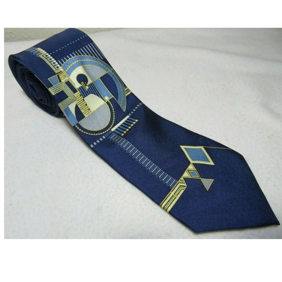 FRANK LLOYD Tie Fireplace Relief Hollyhock House 100% Silk Blue Abstract - Picture 2 of 9